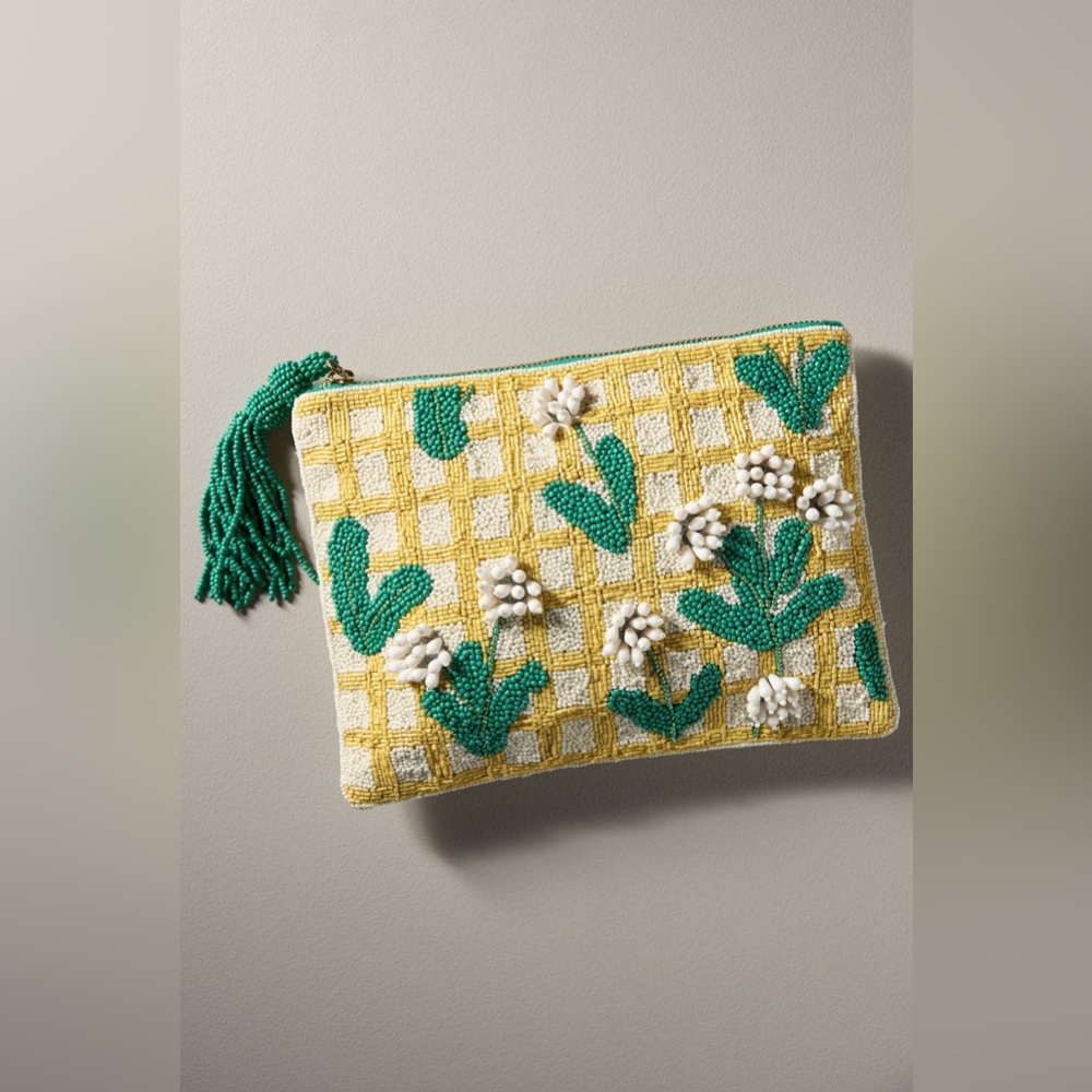 Anthropologie Fiona bag yellow Beaded Clutch with Green and White Floral Design